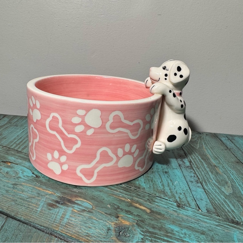 Ceramic Pink Pet Feeding Water Bowl Dalmatian - Picture 6 of 11